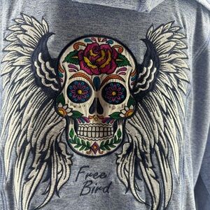 Riderdie Women's Skull embroidered light Blue Full-Zip Hoodie size  2XL Biker